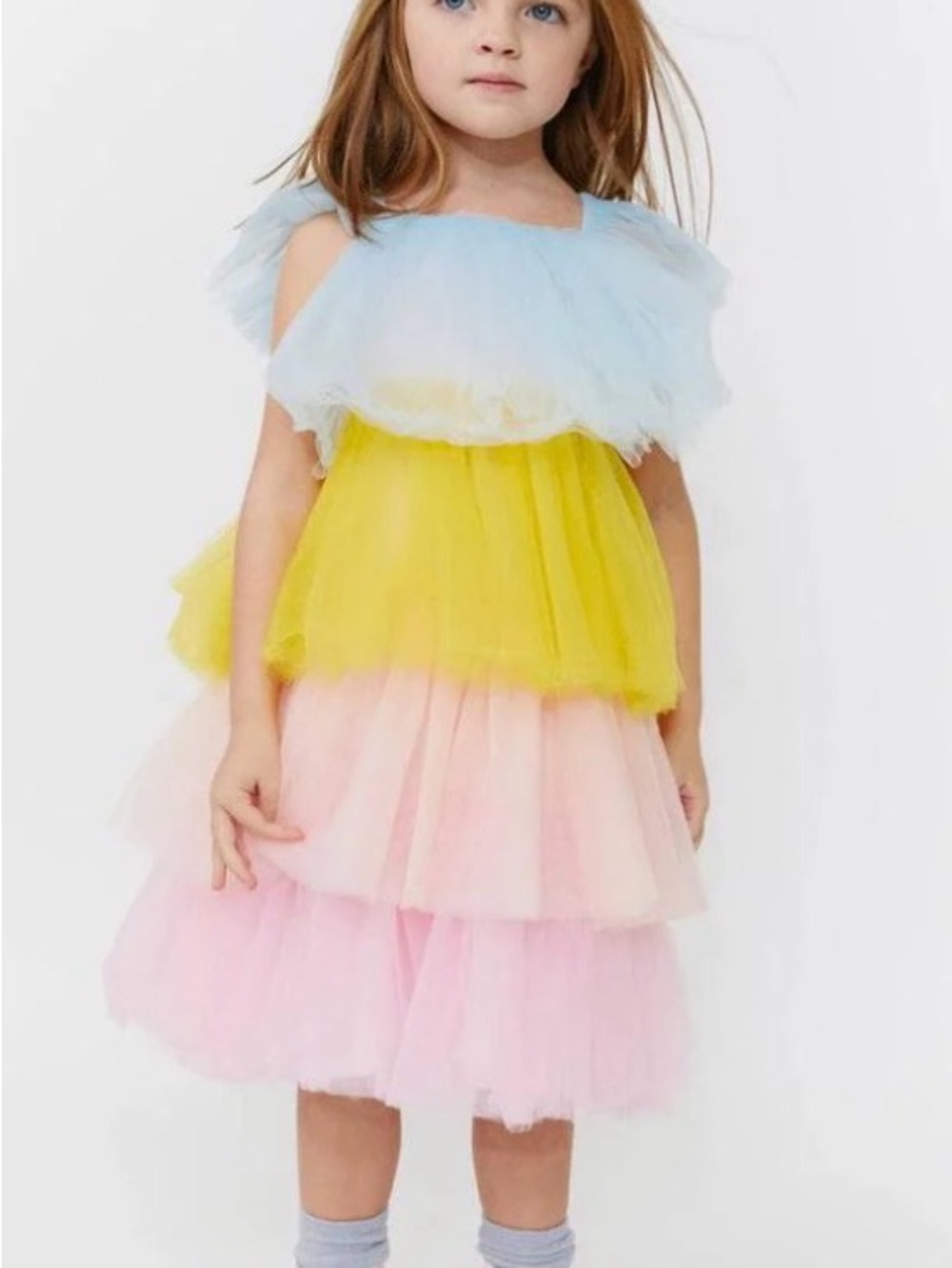 Lola + the Boys Tulle Tiered Dress in Pastel Blue, Yellow & Pink